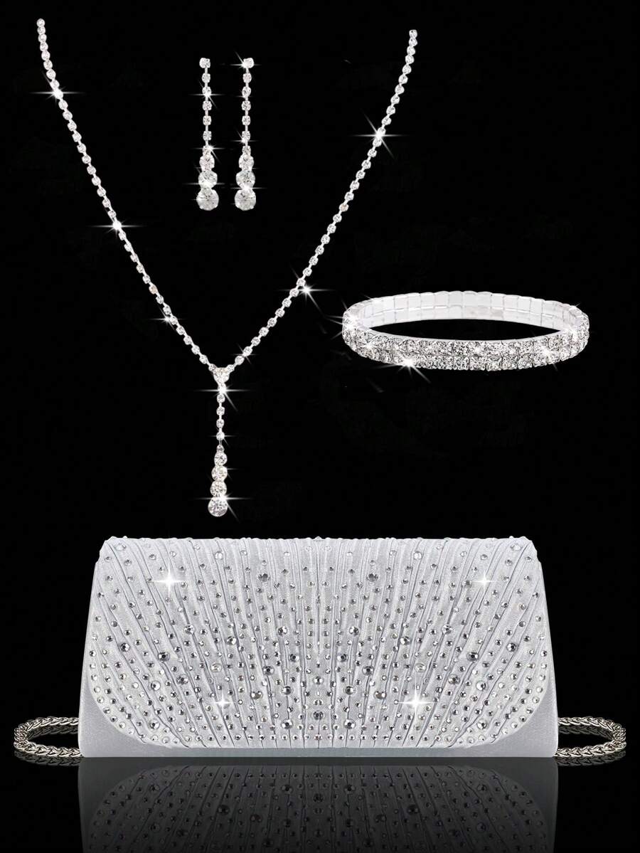 Túi xách dạ hội đính đá lấp lánh, túi dự tiệc sang trọng và thời trang, kiểu dáng xếp ly, kèm bộ ba phụ kiện trang sức đính đá lấp lánh, thích hợp cho các buổi tiệc, bữa tối, họp mặt, khiêu vũ và đám cưới.