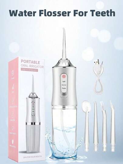 电动牙线器，便携式冲牙器，3种模式，4个喷嘴，无线USB充电，800mAh电池，旅行、居家皆宜，适用于牙套护理和口腔健康，是节日送礼佳品。