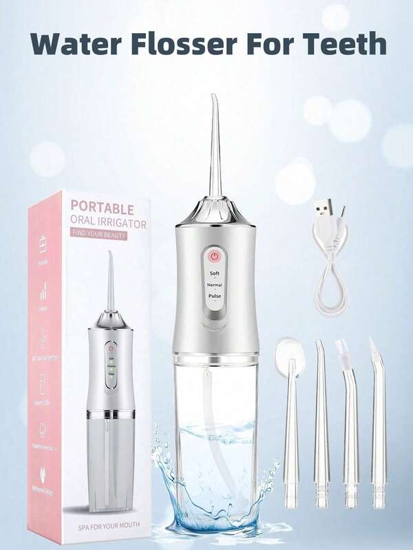 منظف الأسنان المائي الكهربائي المحمول، مع 3 أوضاع و4 فوهات، يعمل لاسلكياً بشحن بطارية USB 800 مللي أمبير، مناسب للسفر والمنزل والأجهزة التقويمية والعناية بالأسنان، كهدية مناسبة للإجازات