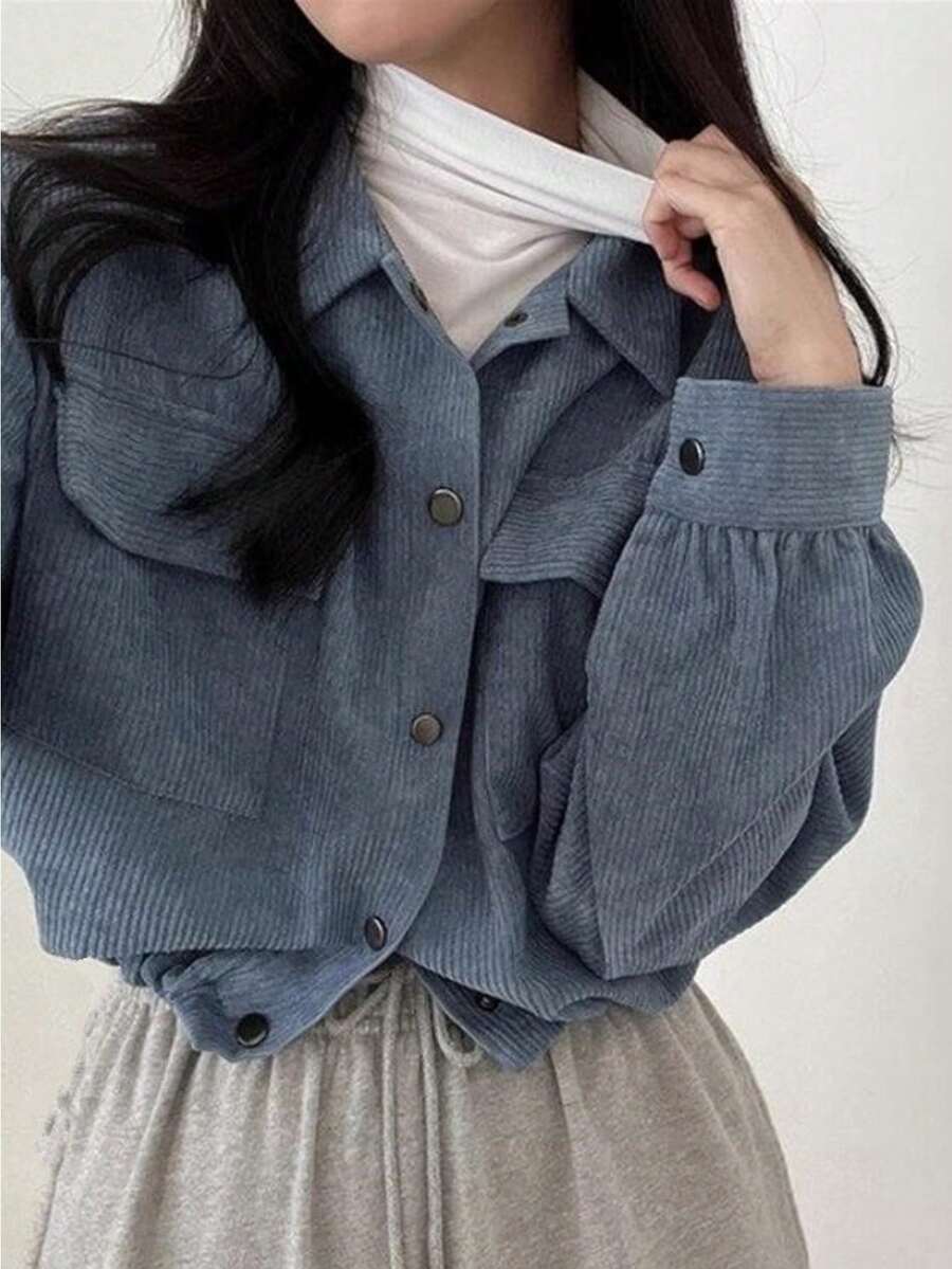 Korean Style Retro Short Collared Long Sleeve Blouse, Loose Fit Jacket For Women - Dusty Blue - View 1