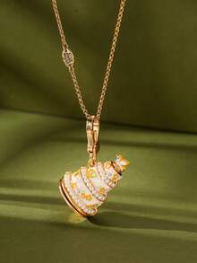 1Pc Fashion Luxurious Faux Zirconia Bow Enamel Openable Gift Box Pendant Necklace For Women Sweet Cool Party Jewelry, High-End Accessories, Bag, Keychain Pendant, Chic Girlfriend Gift, Christmas Gift - Bird and Flower Cake Pendant Necklace - View 1