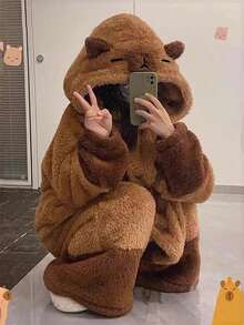 Autumn And Winter Cartoon Nightgown Plush And Thick Cute Panda Plush Hooded Nightgown Capibara Home Comfortable Leisure Warm Mid-Length Jumpsuit Home Clothes - 深棕色 - 查看 6
