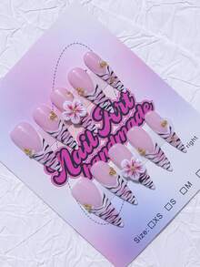 10片装Y2K风鸭嘴美甲贴片套装 - 手工制作，黄色美甲，黄蓝渐变法式风格，手工3D立体花朵粉色花芯，手绘黄色花朵和白色斑马纹，手绘蓝白渐变法式风格美甲用品 - 玫紅色 - 查看 3