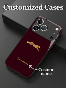 防震猛獸客製化強化玻璃手機殼，金色豹紋設計與文字，適用於 Phone 17 Pro Max/17 Air/16 Pro/15/S25 Ultra/S24 Ultra/Note 14/Mi 11，適合家人朋友的生日週年禮物，美感風格裝飾單品 - 黑色 - 查看 3