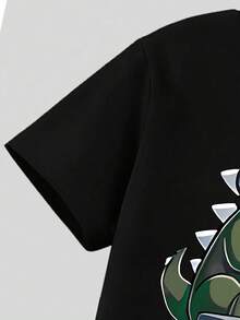Conjunto de top de manga corta con cuello redondo y pantalones cargo con estampado de dibujos animados para niño pequeño - Negro - Ver 3