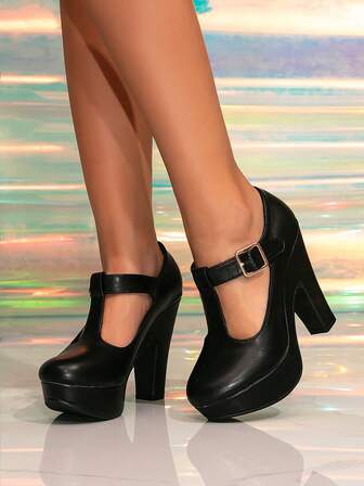 Women's Fashion Thick Heel High Heels, Black Chunky Heeled Shoes, Suitable For All Seasons