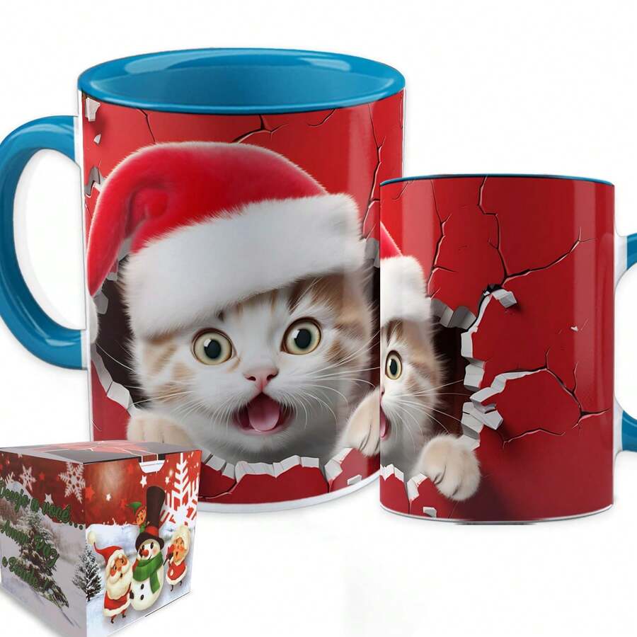 Christmas Mug Red Porcelain Decoration Gift Happy Santa Claus Cat - Màu xanh lam - Xem 1