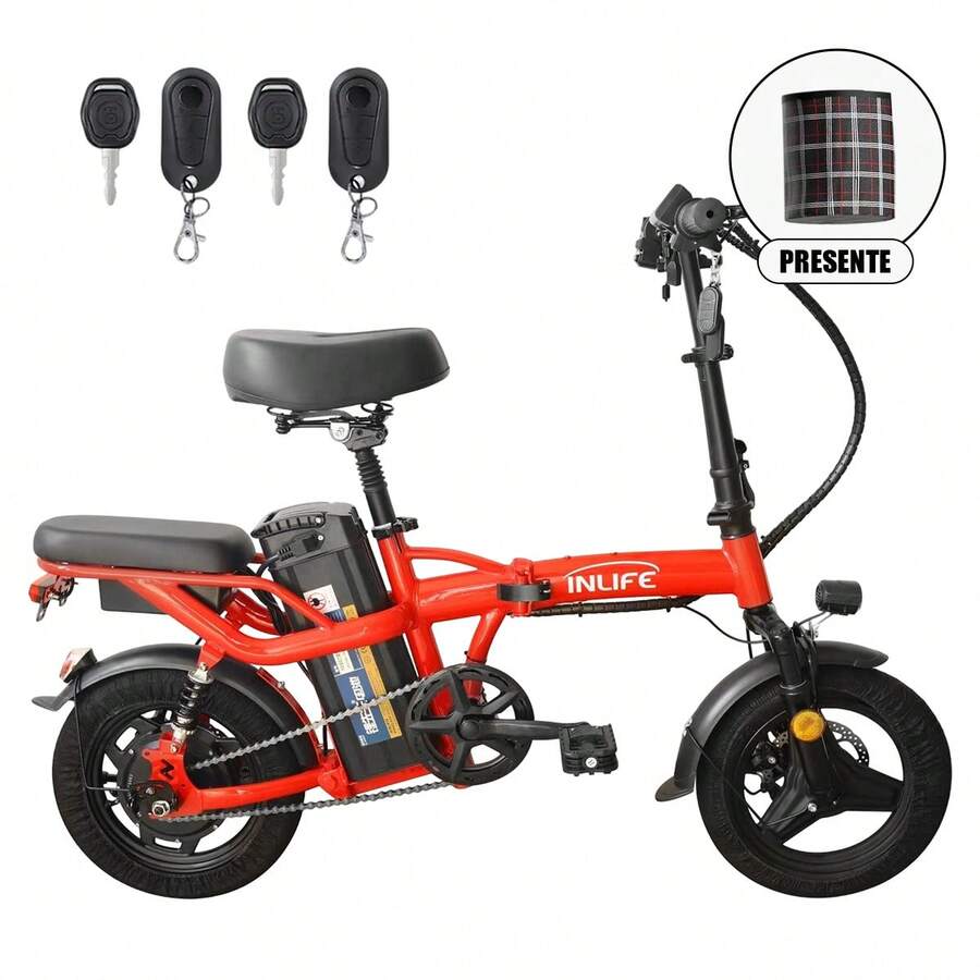 Bicicleta eléctrica plegable para adultos de 14 pulgadas: pico de 400 W, motor sin escobillas de alta velocidad, batería extraíble de 48 V 10 Ah, alcance de 45 KG, suspensión doble de dos asientos, 3 velocidades, neumáticos todoterreno, perfecto para caminatas, todoterreno, desplazamientos y regalos, estilo deportivo y componentes de alta calidad. - Rojo - Ver 1
