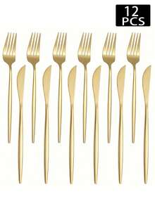 6/12/24件套不锈钢牛排刀叉餐具套装，包含牛排刀、意面叉、甜点刀叉，适用于家庭厨房、餐厅、派对、婚礼、自助餐等场合。 - 金色 - 查看 6