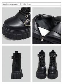 Alan Vincent[Free Returns And Exchanges][Local Delivery][Quick Arrival][Classic Boots Series]New Classic Women's Black Mid-Calf Boots Boots Easy And Comfortable To Wear Women's Platform Boots Suitable For Parties Lace-Up And Zipper Fashionable Style Women's Boots With Love Buttons Rivet Decoration - 黑色 - 查看 2
