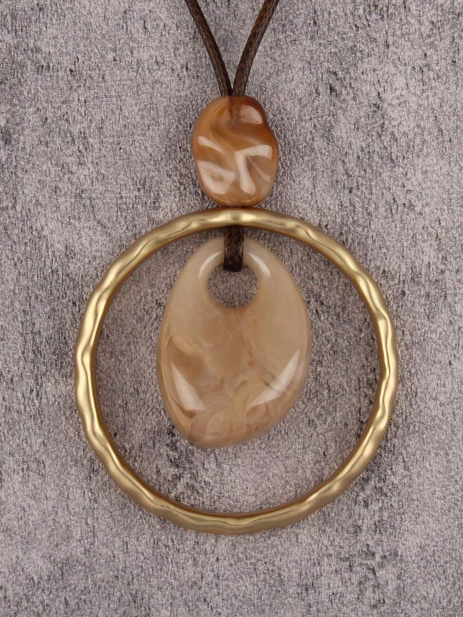 1件圆形金属卡其色树脂吊坠项链，送给女性、女友、母亲的礼物 - 圓環合金配卡其色樹脂 - 查看 1
