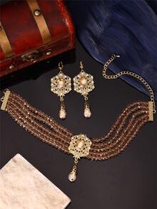 1 Set Luxury Handmade Necklace And Earrings Jewelry Set For Women, Includes Necklace And Earrings, Multi-Layer Design With Metal Pendant, Moroccan Style Bridal Wedding Party Jewelry Gift