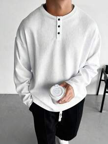 男士亨利领华夫格针织上衣，宽松轻盈透气，纽扣细节设计，适合休闲外出穿着，低调奢华的复古风格。 - 白色 - 查看 8