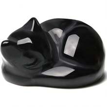QINJIEJIE Black Obsidian Cat Decor Crystals And Healing Stones Figurine Sleeping Cats Stone Statue Gift Carved Gemstones Sculpture Office Home Desk Kitten Cute Cat Decor For Men Stocking Stuffers - Kd-clear石英 - 查看 1