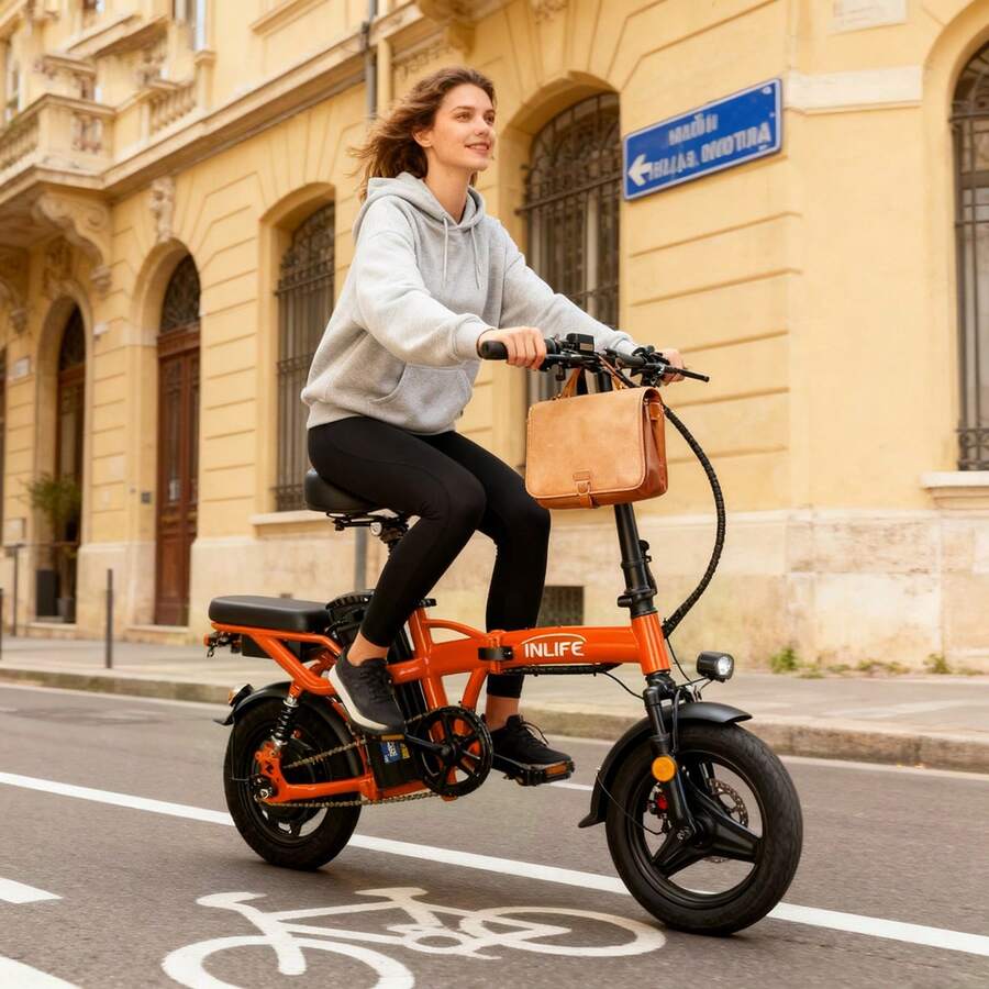 Bicicleta eléctrica plegable para adultos de 14 pulgadas: pico de 400 W, motor sin escobillas de alta velocidad, batería extraíble de 48 V 10 Ah, alcance de 45 KG, suspensión doble de dos asientos, 3 velocidades, neumáticos todoterreno, perfecto para caminatas, todoterreno, desplazamientos y regalos, estilo deportivo y componentes de alta calidad. - Naranja - Ver 1