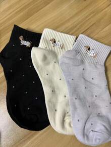 3 Pairs Women Black, White & Gray Combination Ankle Socks, Cute Dachshund Embroidery, Ribbed Design, Breathable Knit Fabric, Minimalist & Cute Style, Suitable For Home, Commute, Dating, Holiday Gift