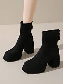 Women's Round Toe Platform Ankle Boots, Versatile Thick Sole Fashion Chunky Heel Short Boots With Back Zipper, Autumn/Winter - Black - View 4