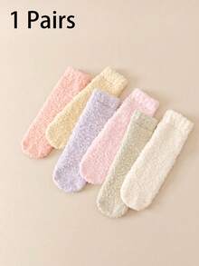 1/3 Pairs Random Color Women Crew Socks, Solid Half Plush Thickened Cute Coral Fleece Comfortable House Socks, Versatile For Sleeping, Couples, Outdoor, Parties, Goth, Back To School, Y2K, Soft And Breathable