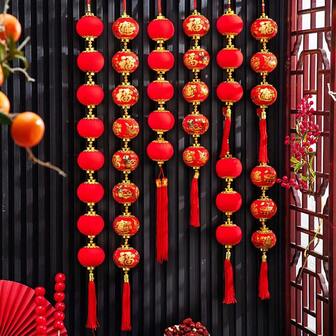 Hängande nyårsröd lykta hängen tofsar röd boll lyktasnöre kinesisk stil handgjord dekorativ boll vårfestival