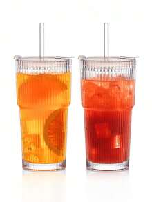 1 Set Striped Glass Cup With Straw And Lid, Coffee Cup Mug Portable And Simple Style Water Cup, Vertical Striped Glass Cup, Reusable High-Quality Coffee & Juice Cup, Multi Functional Beverage Container, Perfect For Home, Office, Beach, All Kinds Of Parties, Suitable For Coffee, Tea, Whiskey, Milk, Iced Americano And Latte Drinks, Drinking Glass - Multicolor - View 3