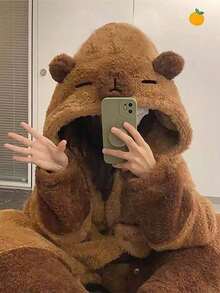 Autumn And Winter Cartoon Nightgown Plush And Thick Cute Panda Plush Hooded Nightgown Capibara Home Comfortable Leisure Warm Mid-Length Jumpsuit Home Clothes - 深棕色 - 查看 4