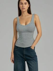 Solid Color Ribbed New Camisole Vest For Women, Sexy Sleeveless Undershirt Top For Summer - Grey - View 4