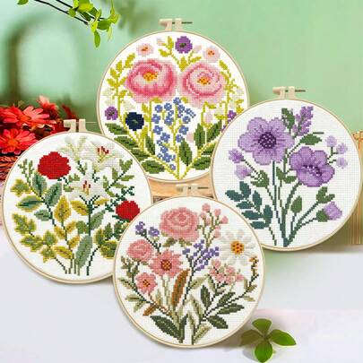 1 Set Floral Cross Stitch Kit, DIY Embroidery Materials, Multiple Options (Pink Floral, Rose & Lily, Purple Bouquet), Includes Embroidery Hoop, Scissors, Threader, 11CT Fabric, Needles, Home Decor Creative Gift