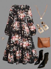 Plus Size Floral A-Line Dress, Women Lantern Sleeve Round Neck Ruffle Hem Flare Long Woven Dress - Multicolor - View 4