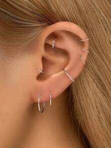 银色无扣环状耳环 | 软骨小环耳环套装，适合男女儿童 | 防过敏 925 纯银耳屏耳环鼻唇环 | 耳环首饰，适合派对生日礼物，配有精美礼盒 | 4 种尺寸可选（直径 6 毫米 / 8 毫米 / 10 毫米 / 12 毫米）| 不适合尚未愈合的耳洞 - 開口光面耳圈 - 查看 6