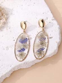1 par de pendientes rectangulares con efecto de resina y flores secas multicolor de moda, delicados y versátiles para mujeres, adecuados para vacaciones, fiestas y uso diario. Puede haber una ligera diferencia entre la flor seca real y la imagen. - Azul neblina - Ver 6
