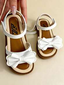 2024 Summer New Girls Princess Style Sweet 3D Bow Hook And Loop Sandals, White Faux Leather Soft Bottom Open Toe Sandals, Essential For Daily Wear, Campus, Party, Summer Outings, Popular Trending Girls Sandals, Fashionable Design Children Princess Sandals, Soft Bottom Non-Abrasive, Ideal Holiday Gift - Beige - View 6