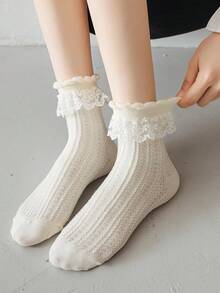 1 双/2 双/3 双/4 双/5 双女士蕾丝边网眼中筒袜，可爱时尚，适合所有季节，秋季袜子 - 米色 - 查看 2