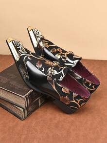 1 Đôi giày lười nam đế cao su họa tiết hoa trang trí kim loại, chất liệu da PU, thời trang dự tiệc thanh lịch - màu đen - Xem 3