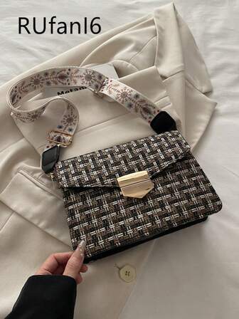 1 件装撞色格纹涤纶时尚翻盖优雅单肩包，适合女士日常使用