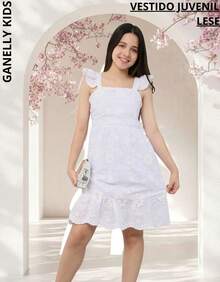 Vestido Curto Juvenil Regata Manga Babado Laise Cintura Solta Casual Conforto e Estilo Amarrar - Branco - Visão 12