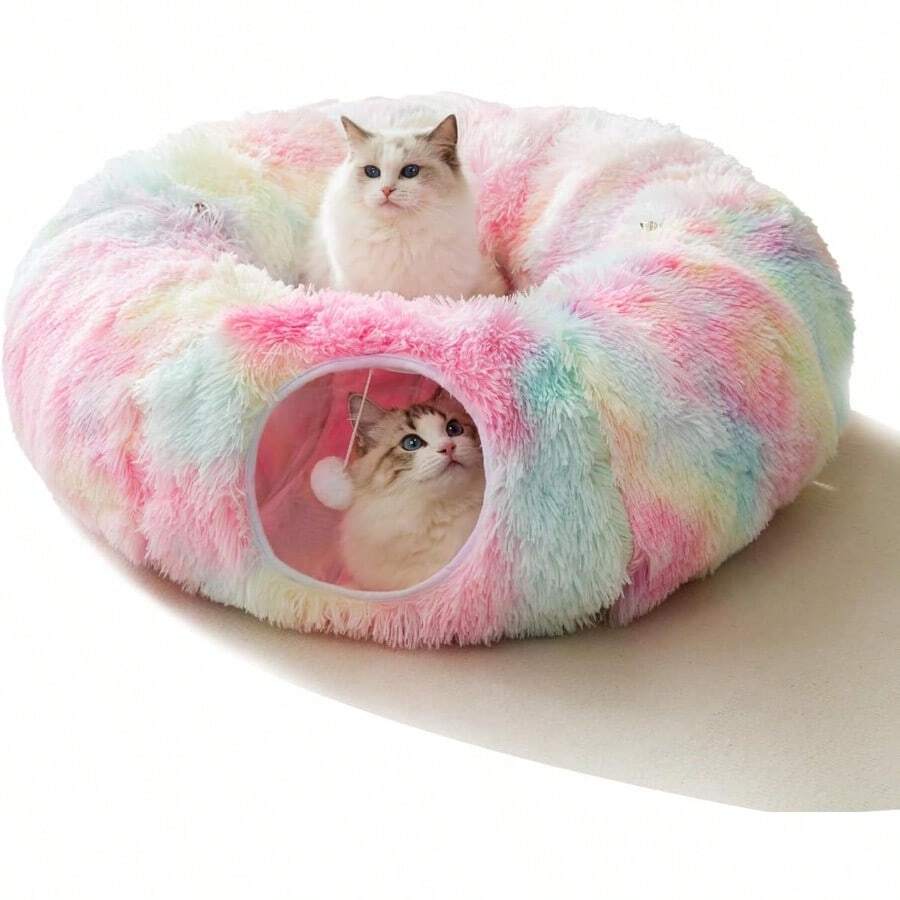 HIPIPET Winter Plush Cat Tunnel With Cat Bed For Indoor CatsMultifunctional Cat Toys For Small Medium Large Cat. Rainbow - Pink - View 1