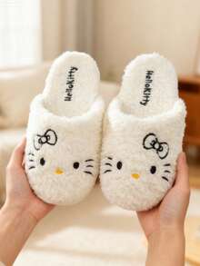 Sanrio Kuromi & Hello Kitty & Cinnamoroll Woman Closed Toe Lovely Warm Non-Slip Flat Plush Slippers Suitable For Winter Home, Sanrio Shoes, Furry Slippers, Fluffy Slipperswinter - White - View 9