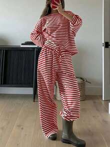 Spring And Summer Fashion Classic Stripes Comfortable Loose V-Neck Long-Sleeved Top Comfortable Long Pants Casual Fashion Casual Suit - 紅色長褲套裝 - 查看 4
