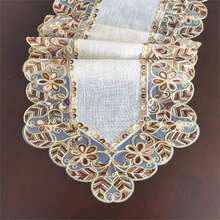 1件优雅乡村风涤纶桌旗，饰有精致的3D立体花卉蕾丝刺绣和精致滚边 - 米色涤纶长方形桌旗，适用于家居装饰、厨房、餐厅、室内/室外庆典、野餐、派对和婚礼，户外桌布，精致刺绣，装饰面料，贴合式桌布 - 亞麻色 - 查看 6