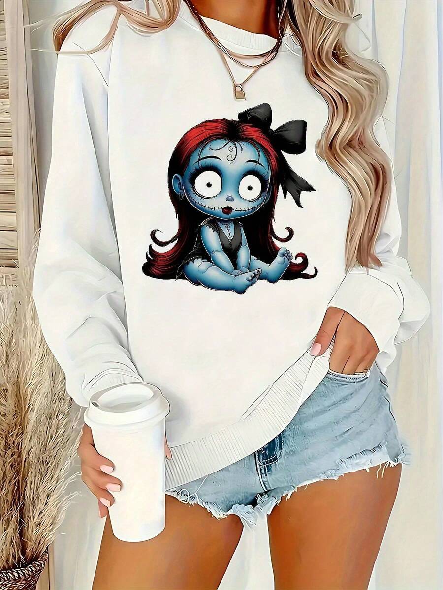 Nightmare Before Christmas Women's Tim -Inspired Gothic Sweatshirt - Officially Licensed Casual Crewneck Pullover With  & Sally Graphic, Machine Washable Fall Winter Apparel For Fans - 白色 - 查看 1
