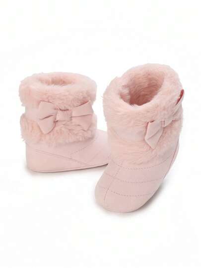 Fashionable Newborn Infant Girls Solid Color Bow Soft Sole Snow Boots, Comfortable Toddler Winter Shoes