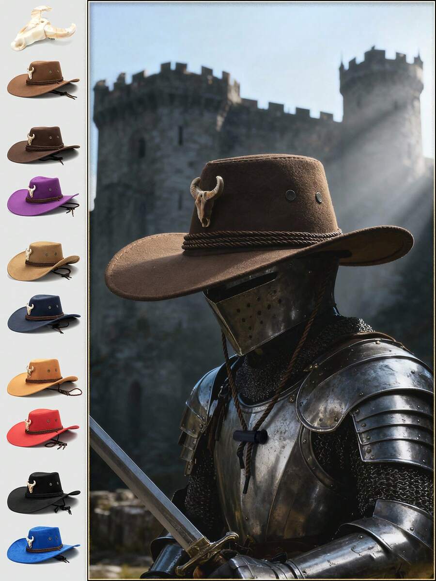 1pc Unisex Animal Bull Head Decor Hat, Wide Brim Western Style Cowboy Hat, Punk Rock Fashion, Adjustable Wind Rope Design, Suitable For Daily Wear, Concerts, Outdoor - A - View 1