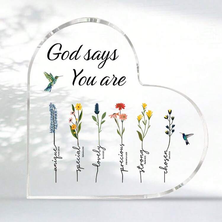 1 pieza Decoración contemporánea de acrílico con forma de corazón y versículos inspiradores de la Biblia, diseño floral - Decoración de mesa cristiana para el hogar y la oficina - Regalo único para mujeres - transparente - Añade 15