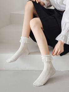 1pair/2pairs/3pairs/4pairs/5pairs Women Beige Mesh Lace Trim Cute Fashion Cosplay Thigh High Socks, All Season, Fall Socks