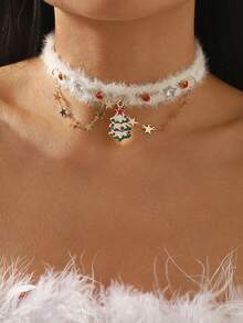 1pc Women's Fashionable New Christmas Tree Choker Fluffy Necklace, Star Tassel Metal Chain, Autumn/Winter Necklace With Rhinestone Gems, Suitable For Wedding, Party, Holiday - White - View 2