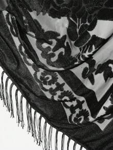 1条女士玫瑰提花天鹅绒流苏长围巾，时尚优雅女士围巾，多功能披肩，适合舞蹈、晚宴、假日等场合，高档女士围巾 - 黑色 - 查看 5