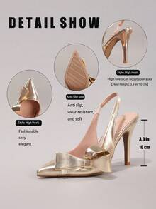 香槟色蝴蝶结高跟鞋，性感尖头派对鞋，金属光泽皮革时尚细高跟凉鞋（女士款） - 香檳色 - 查看 3