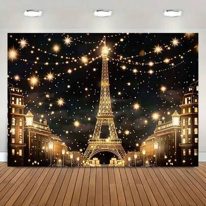 2D平面单件式迷人巴黎夜景大型背景横幅 - 以埃菲尔铁塔和星空为主题，非常适合相机拍摄、生日、周年纪念日和节日装饰，易于室内外悬挂，采用涤纶材质，派对装饰 | 巴黎主题 | 耐用派对配件，巴黎装饰