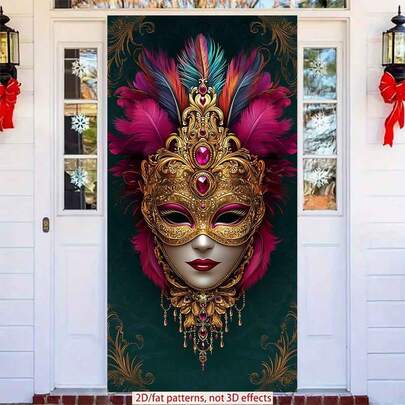 2D平面门帘，1件装，精美威尼斯风格面具图案，饰以华丽金色细节、羽毛和宝石，是嘉年华派对背景、房间和家居装饰、节日墙面艺术的完美之选 | 色彩鲜艳的设计 | 耐用的派对横幅，派对装饰品