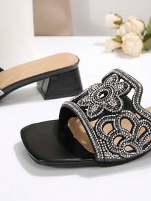 French Crystal Embellished Chunky Heel Sandals For Women, New Summer Styles, Korean Fashion, Versatile, Comfortable, Suitable With Dresses